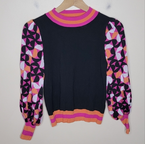 Fate | Black Puff Sleeve Sweater with Pink & Orange Geometric Sleeves Size Small - Picture 1 of 6